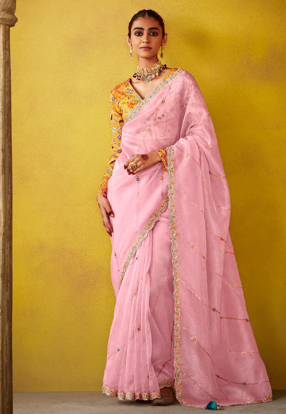 Pink Tissue Saree With Blouse 302857