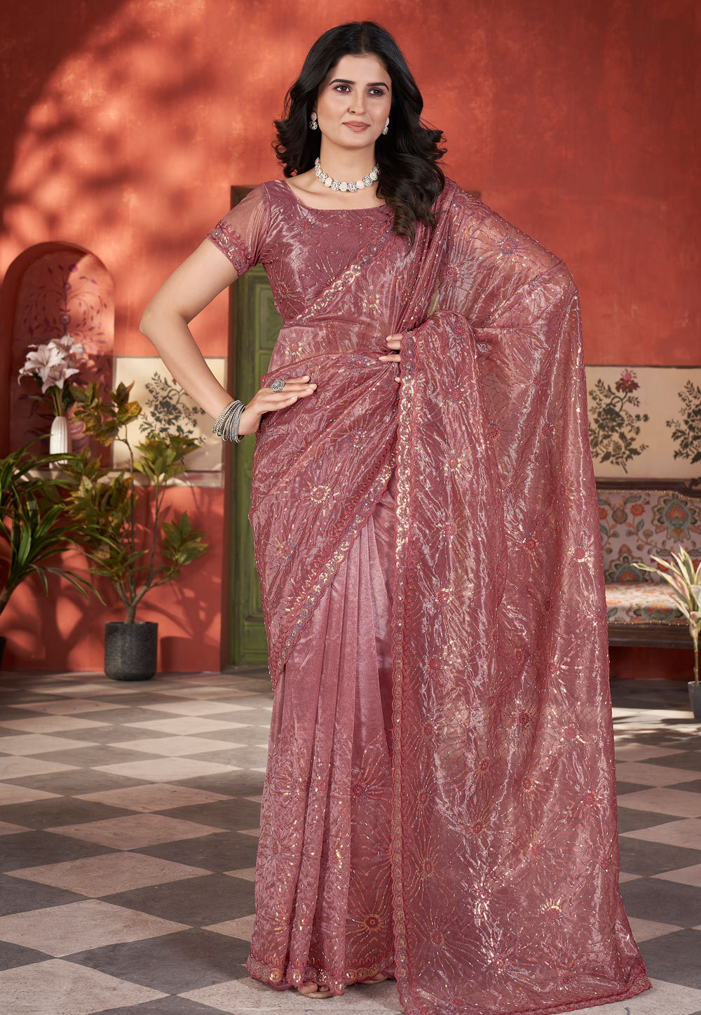 Pink Tissue Saree With Blouse 309831