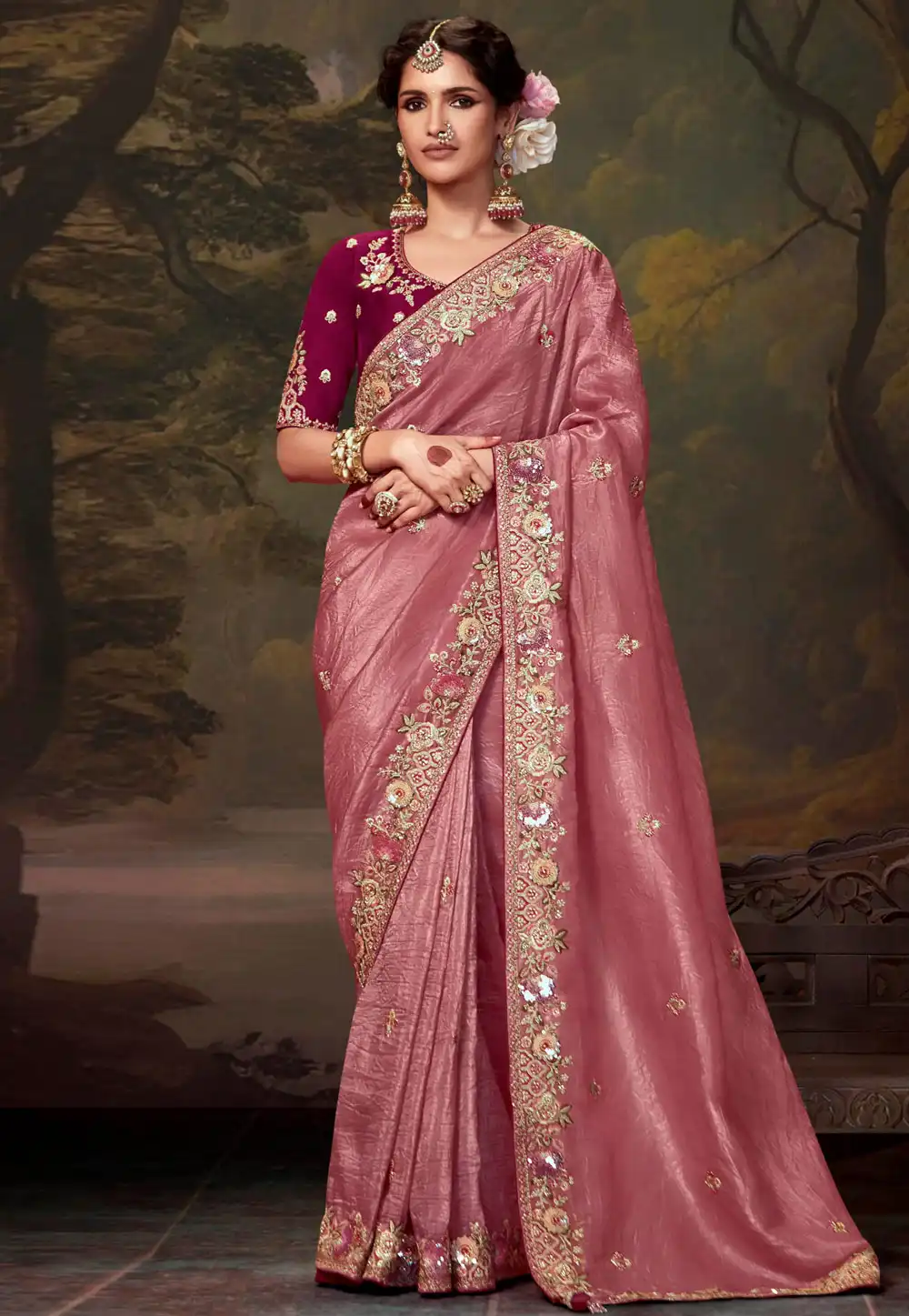 Pink Tissue Saree With Blouse 293632