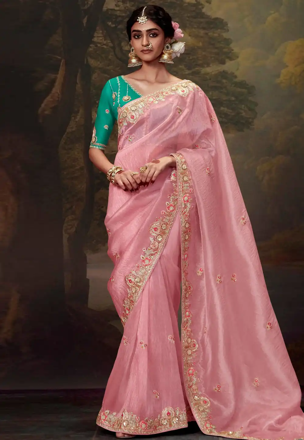 Pink Tissue Saree With Blouse 293634