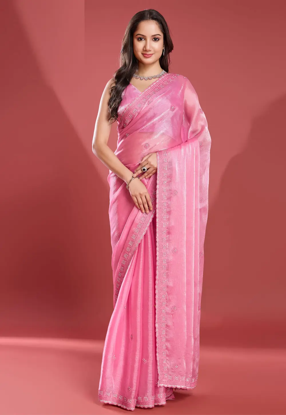 Pink Tissue Saree With Blouse 297116