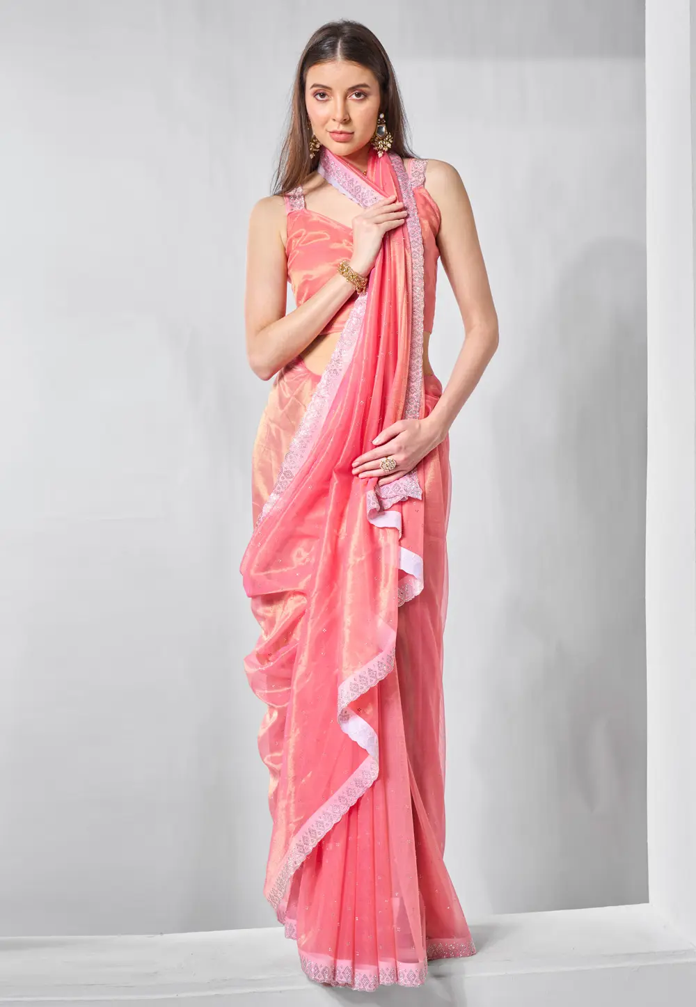 Pink Tissue Saree With Blouse 301240