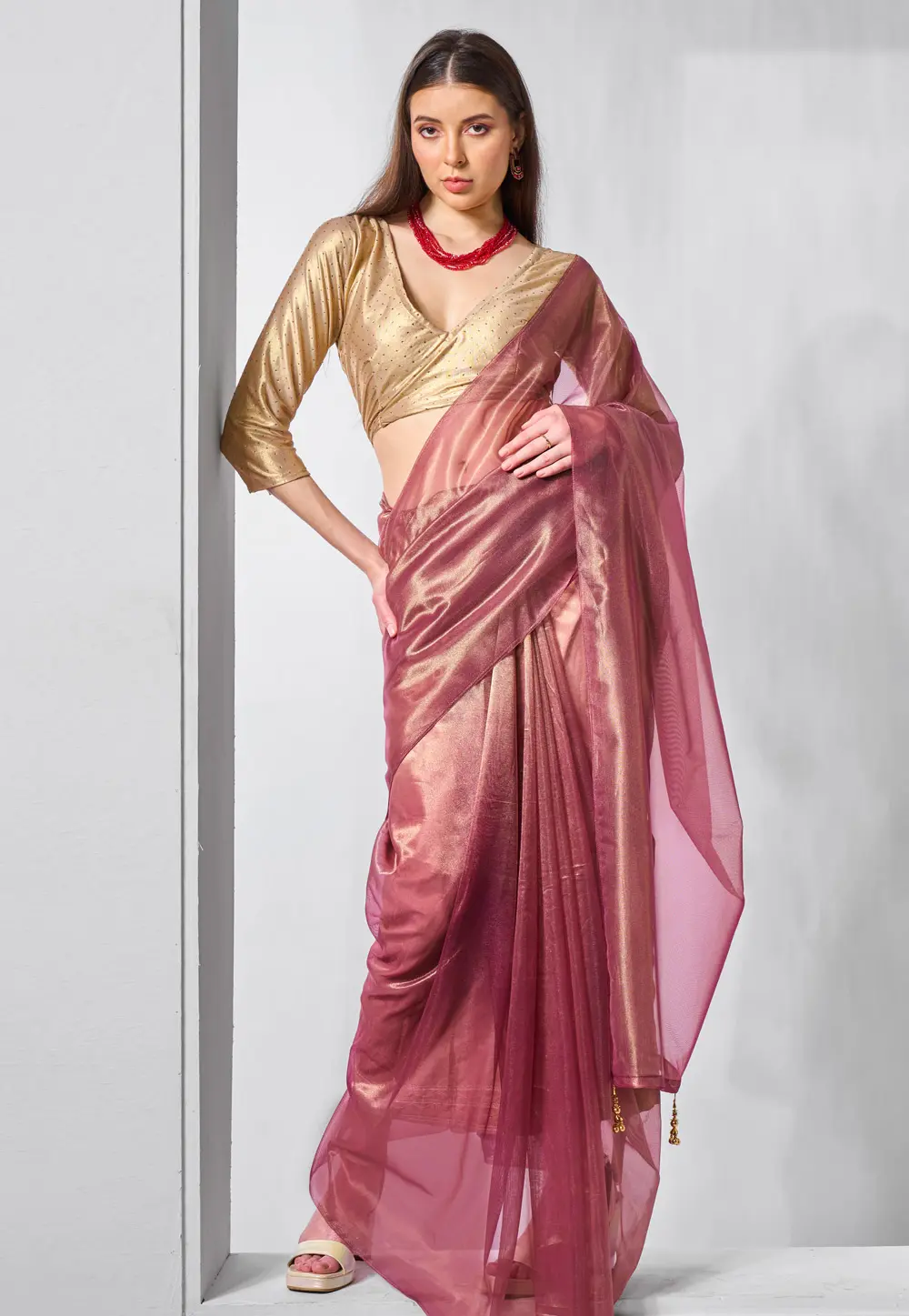 Pink Tissue Saree With Blouse 301242