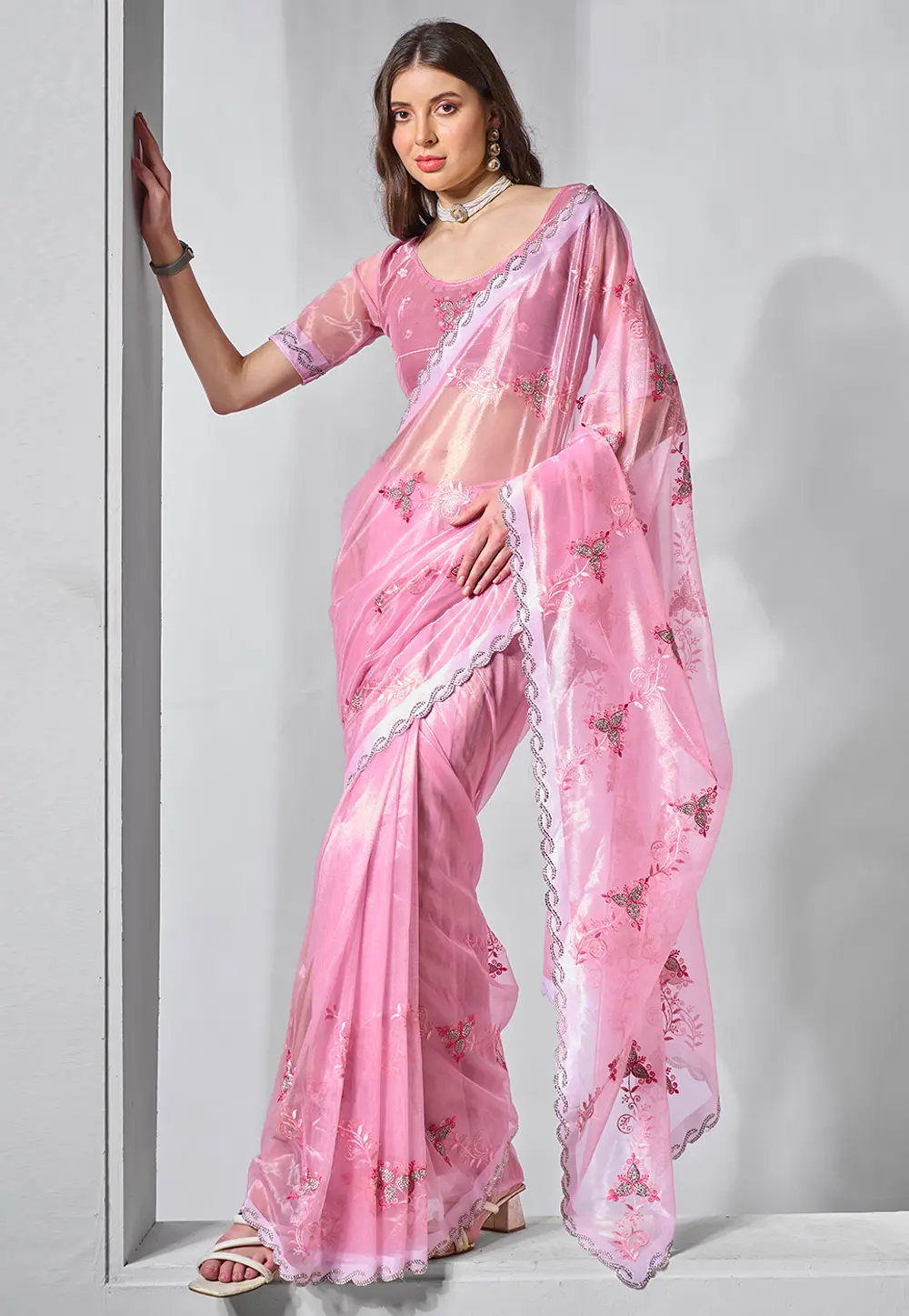 Pink Tissue Saree With Blouse 299057