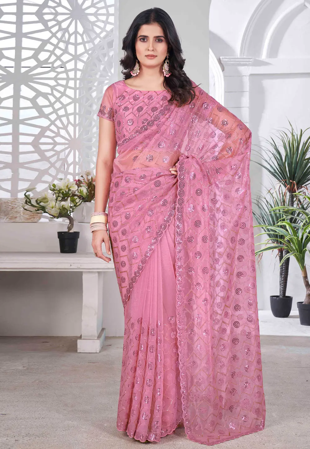 Pink Tissue Saree With Blouse 302528