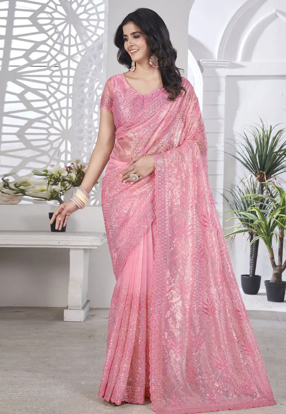 Pink Tissue Saree With Blouse 302537