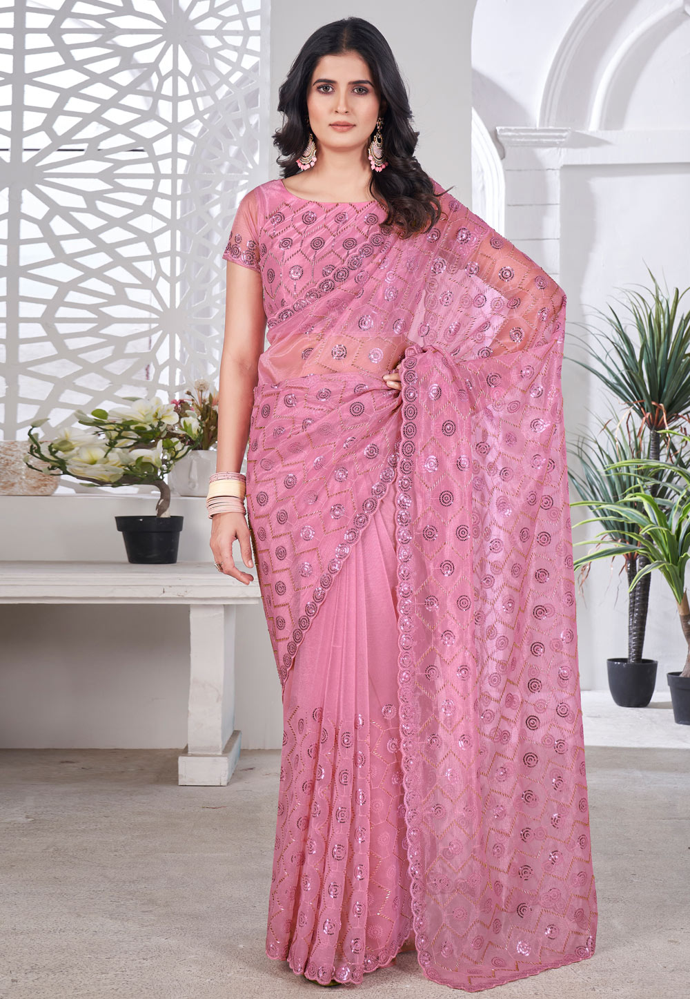 Pink Tissue Sequence Saree 309840