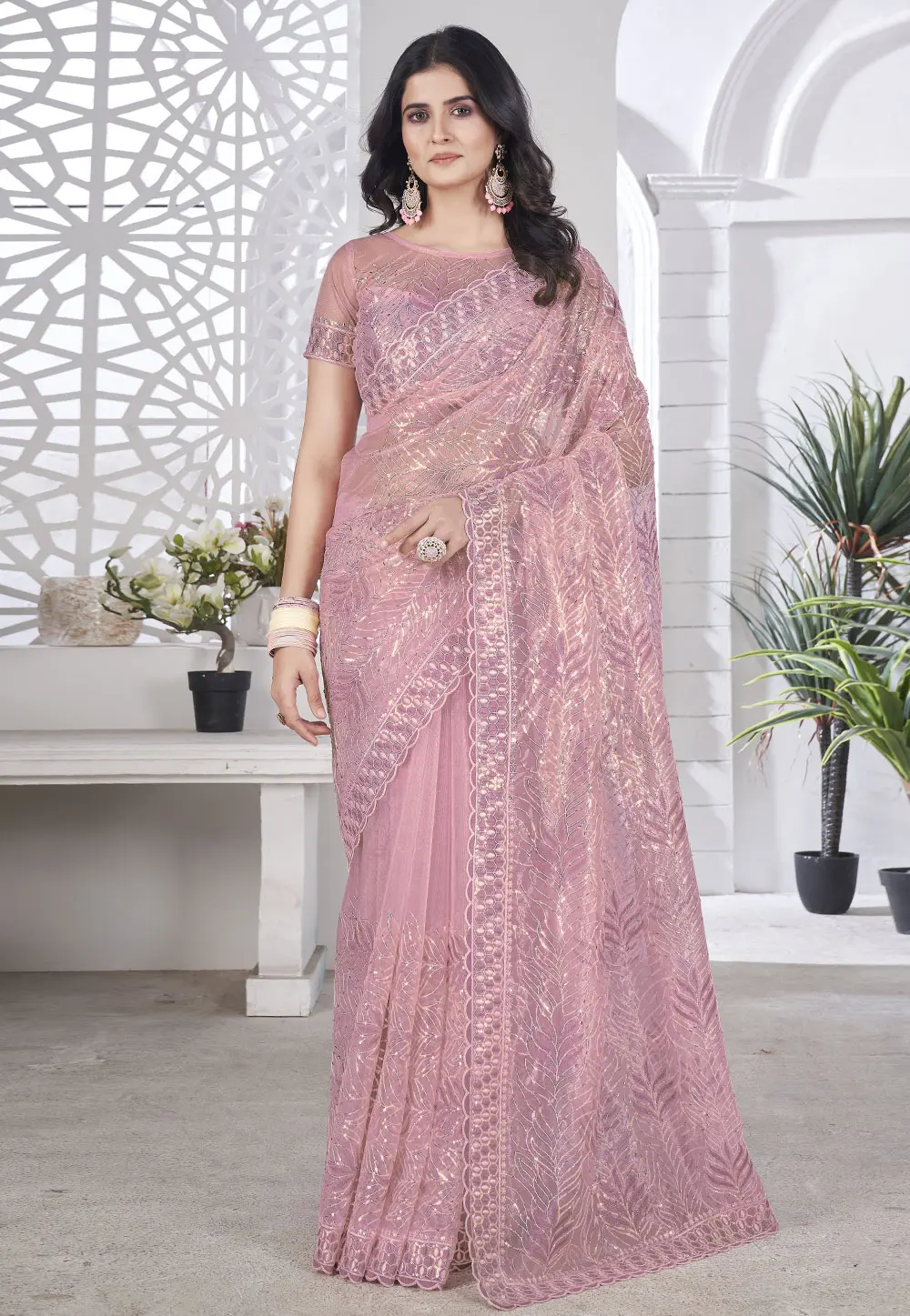 Pink Tissue Sequence Saree 302538