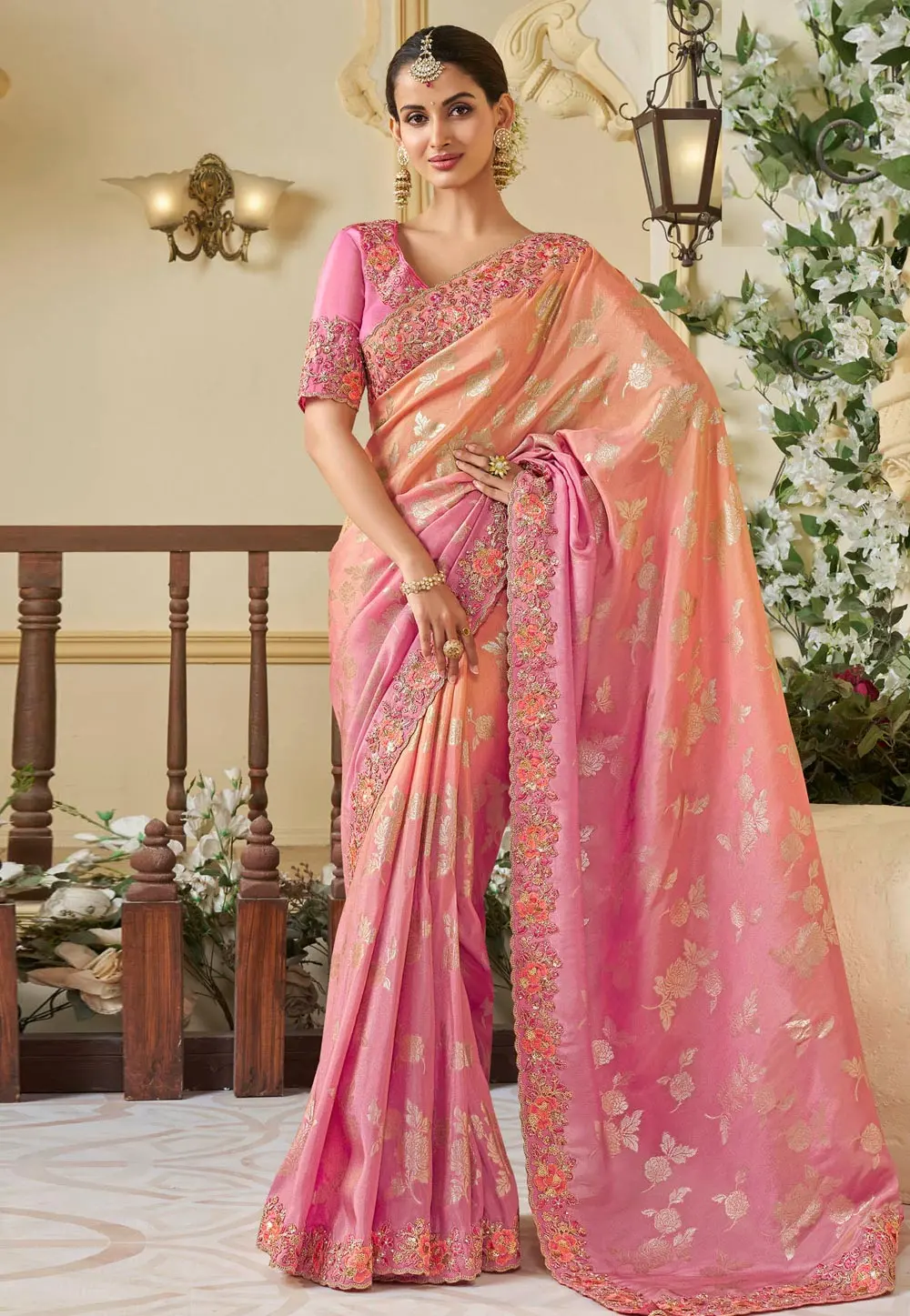 Pink Tissue Silk Half N Half Saree 301099