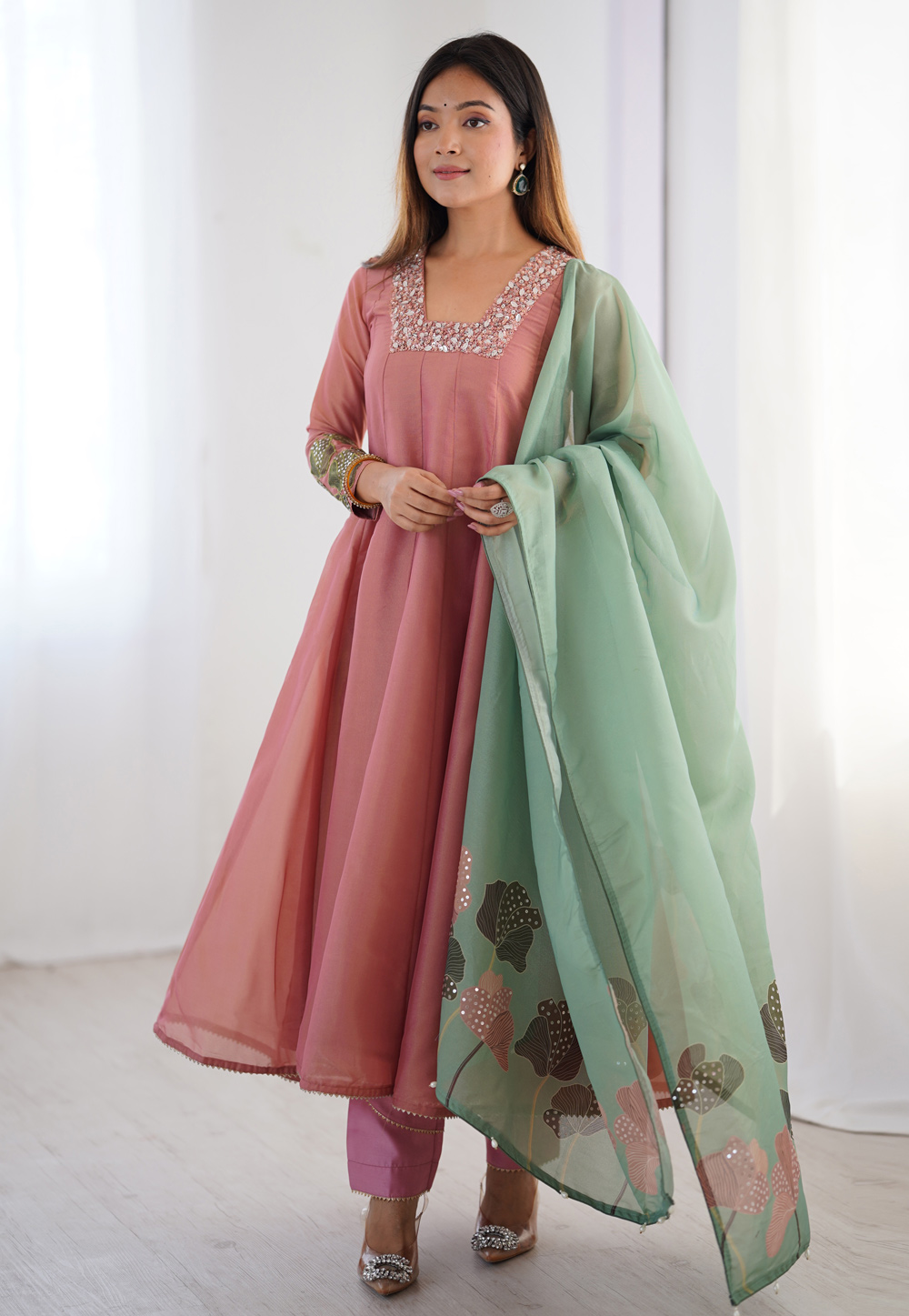 Pink Tissue Silk Readymade Anarkali Suit 310958