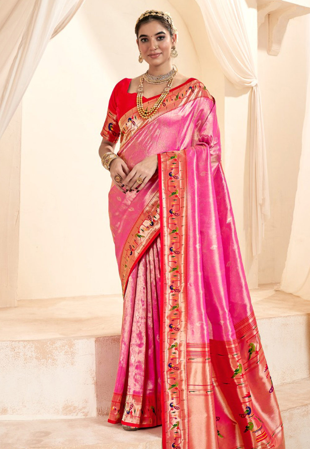 Pink Tissue Silk Saree With Blouse 284613