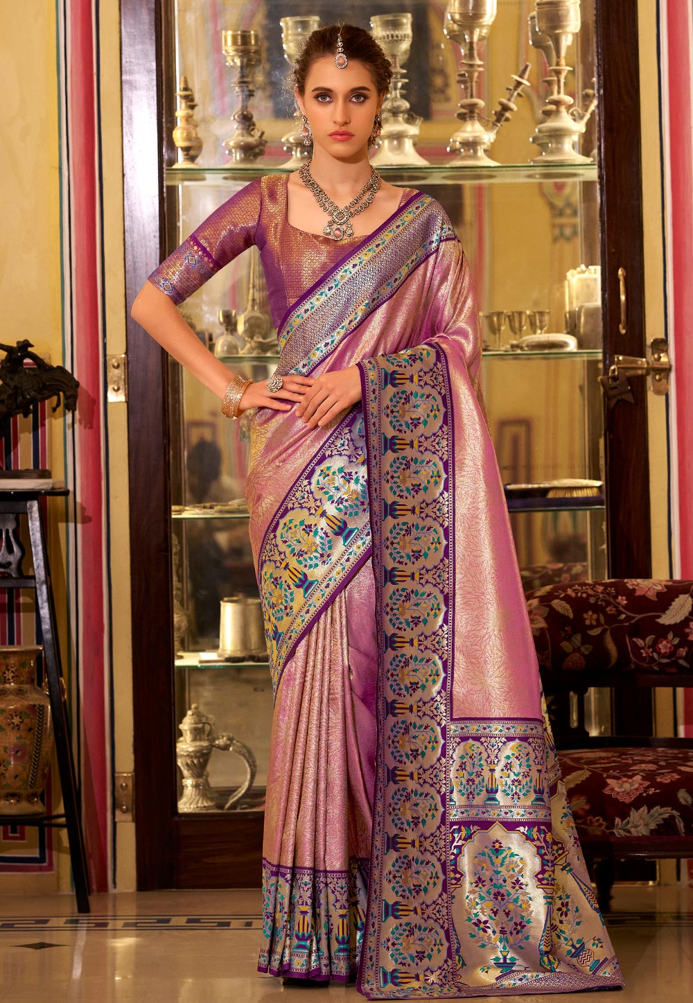 Pink Tissue Silk Saree With Blouse 309114
