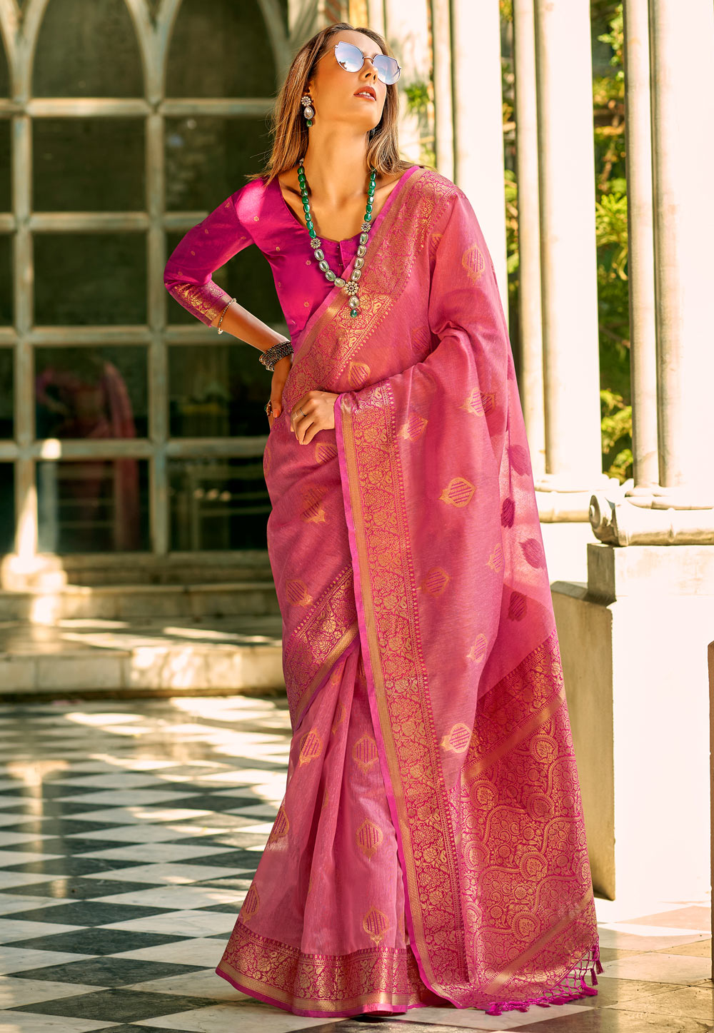 Pink Tissue Silk Saree With Blouse 285962