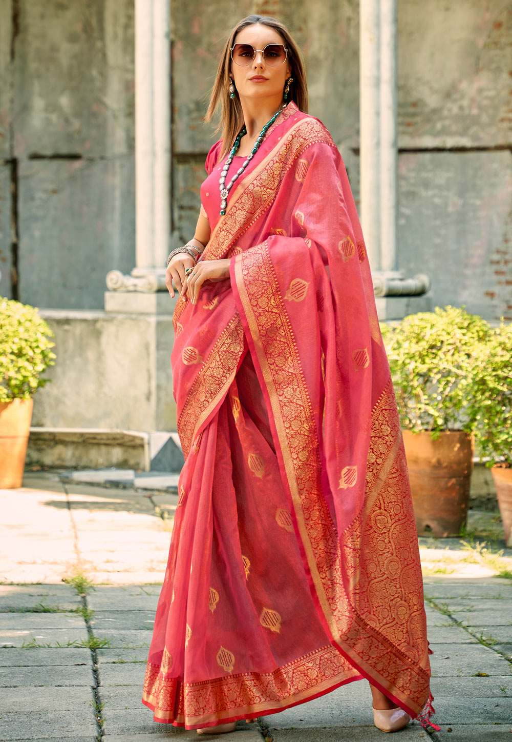 Pink Tissue Silk Saree With Blouse 285964