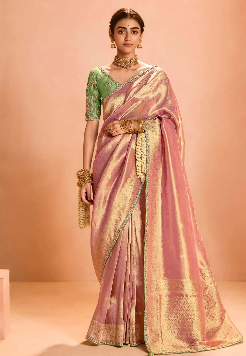 Pink Tissue Silk Saree With Blouse 302053