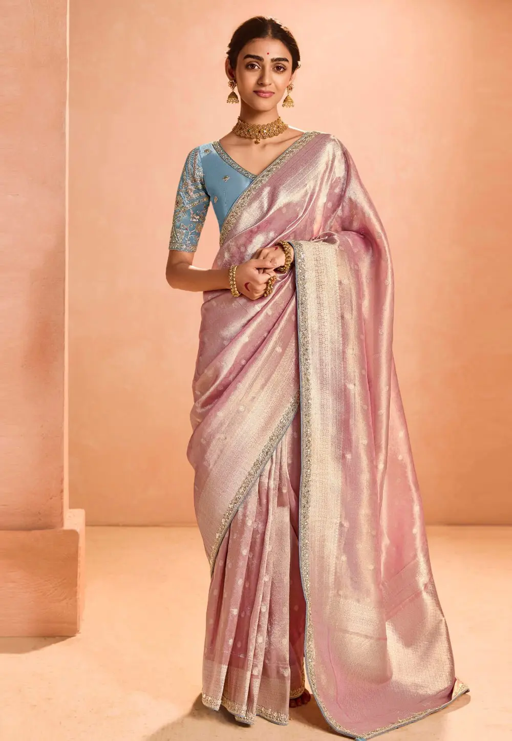 Pink Tissue Silk Saree With Blouse 302057