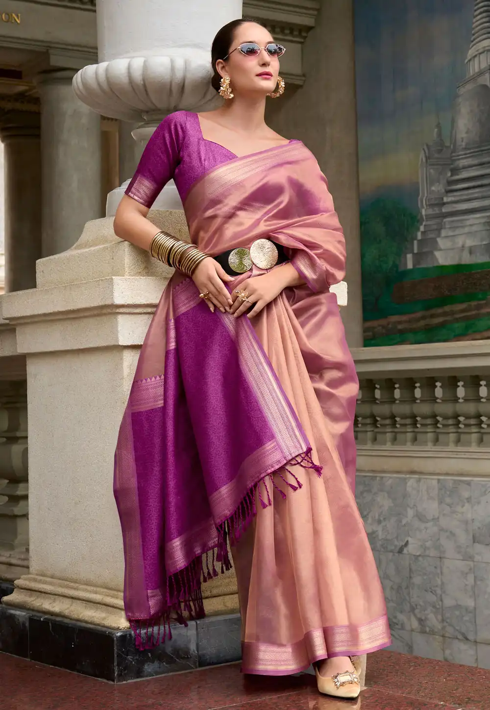 Pink Tissue Silk Saree With Blouse 294264