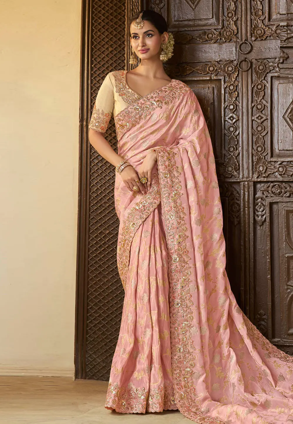 Pink Tissue Silk Saree With Blouse 301095