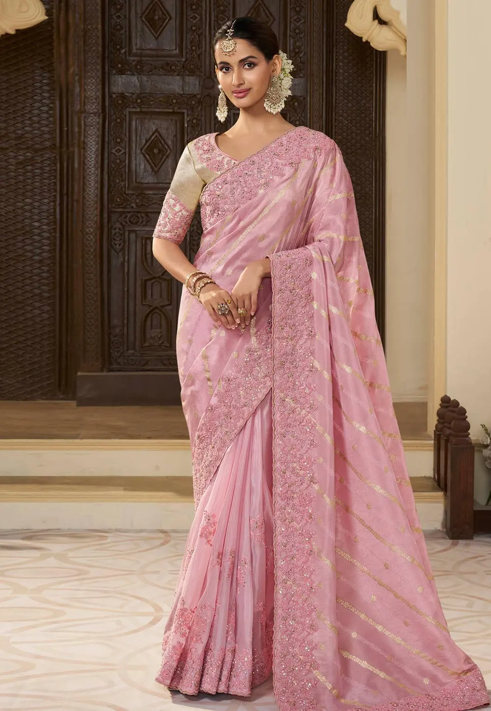 Pink Tissue Silk Saree With Blouse 301098