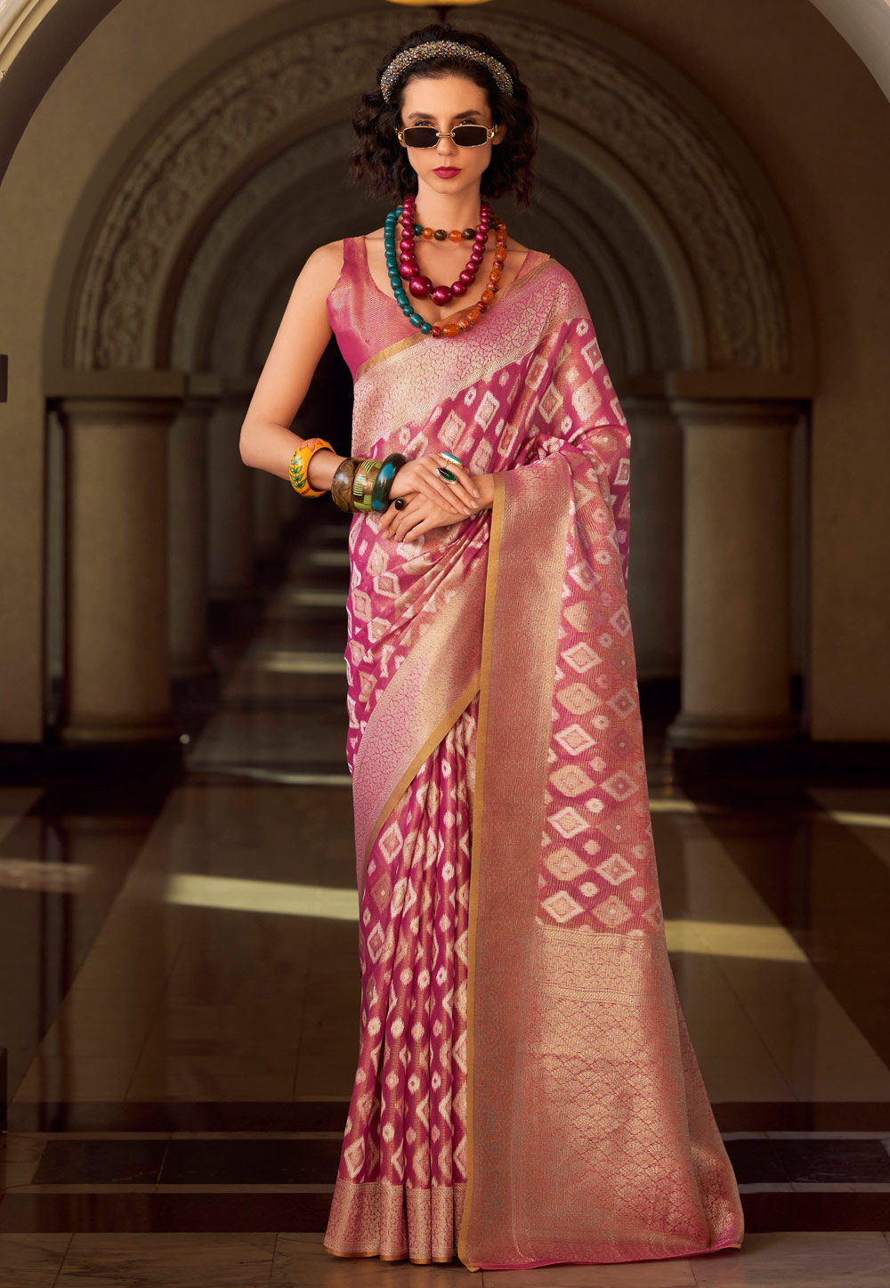 Pink Tissue Silk Saree With Blouse 305677