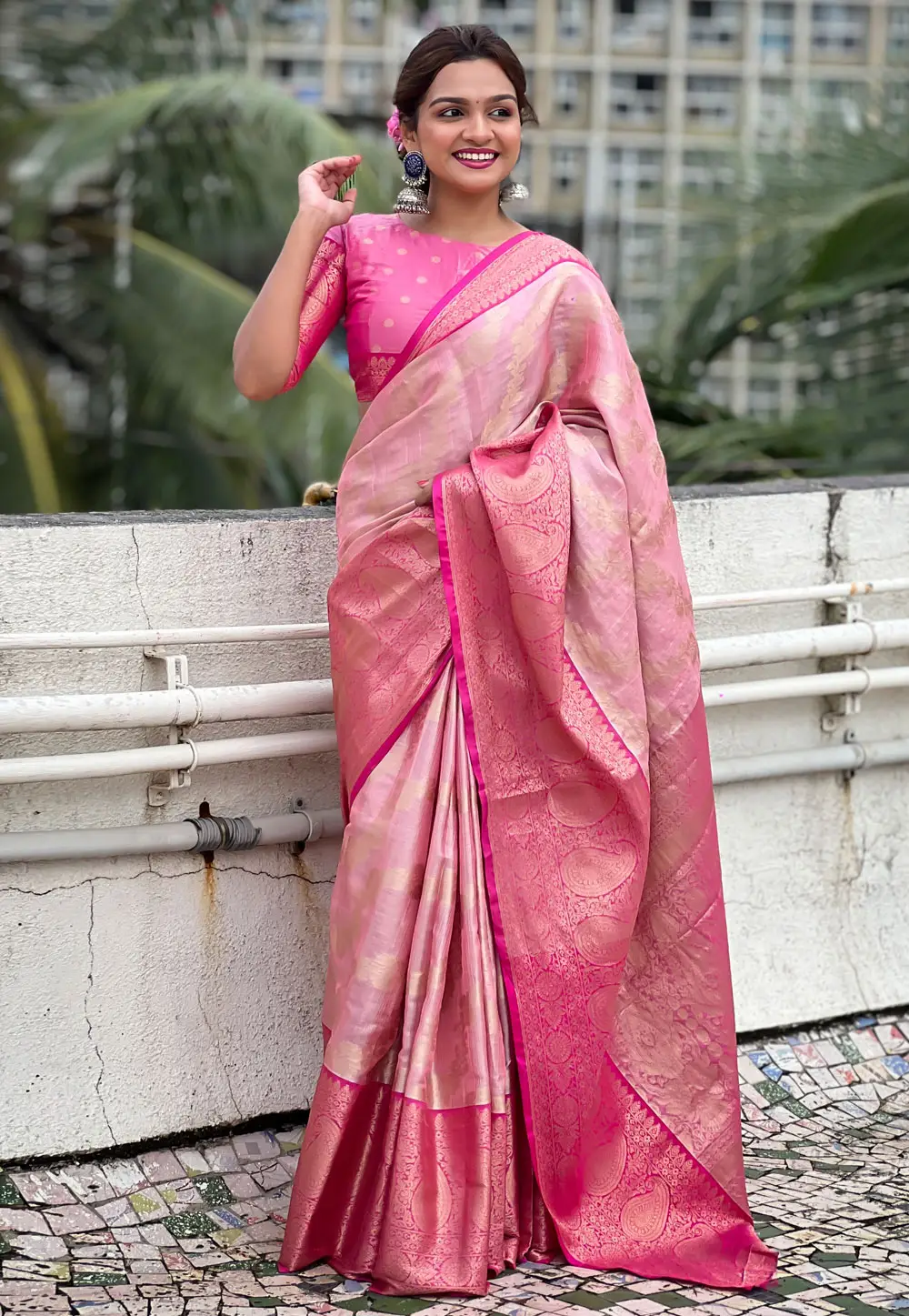 Pink Tissue Silk Saree With Blouse 296259