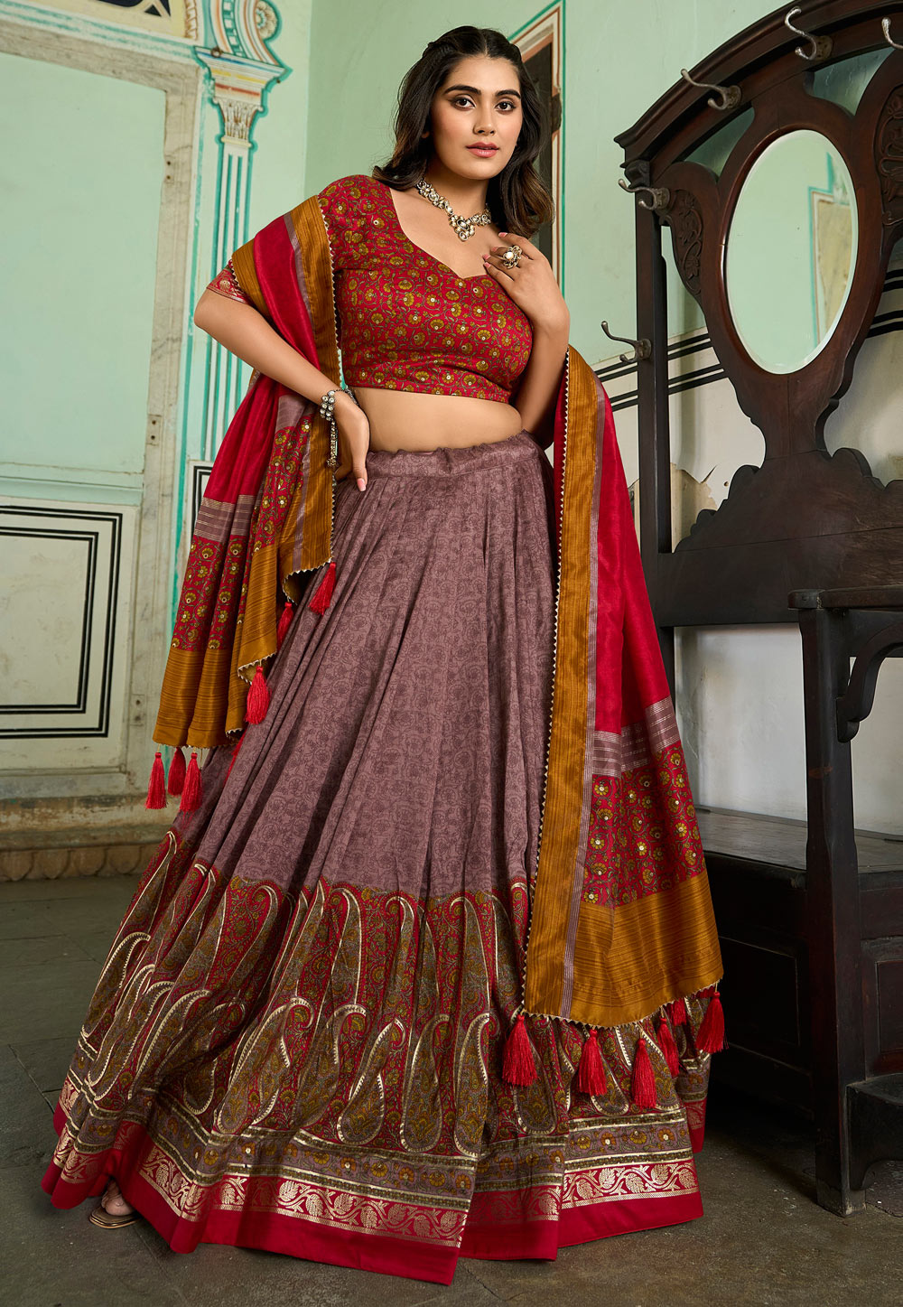 Pink Tussar Silk Circular Lehenga Choli 286175