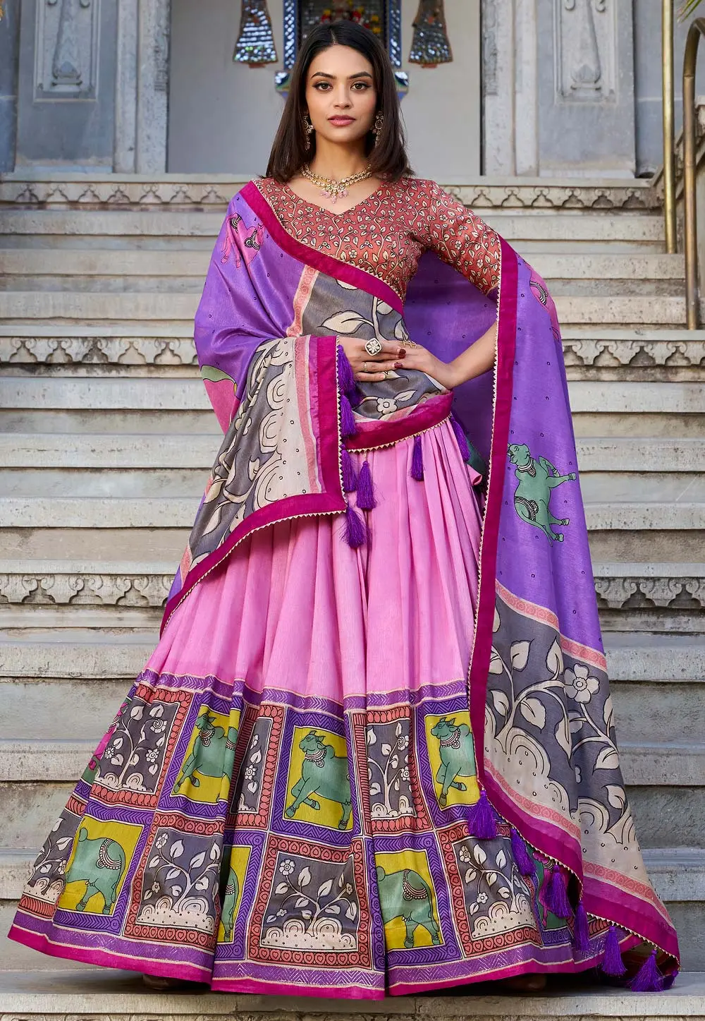 Pink Tussar Silk Circular Lehenga Choli 303239