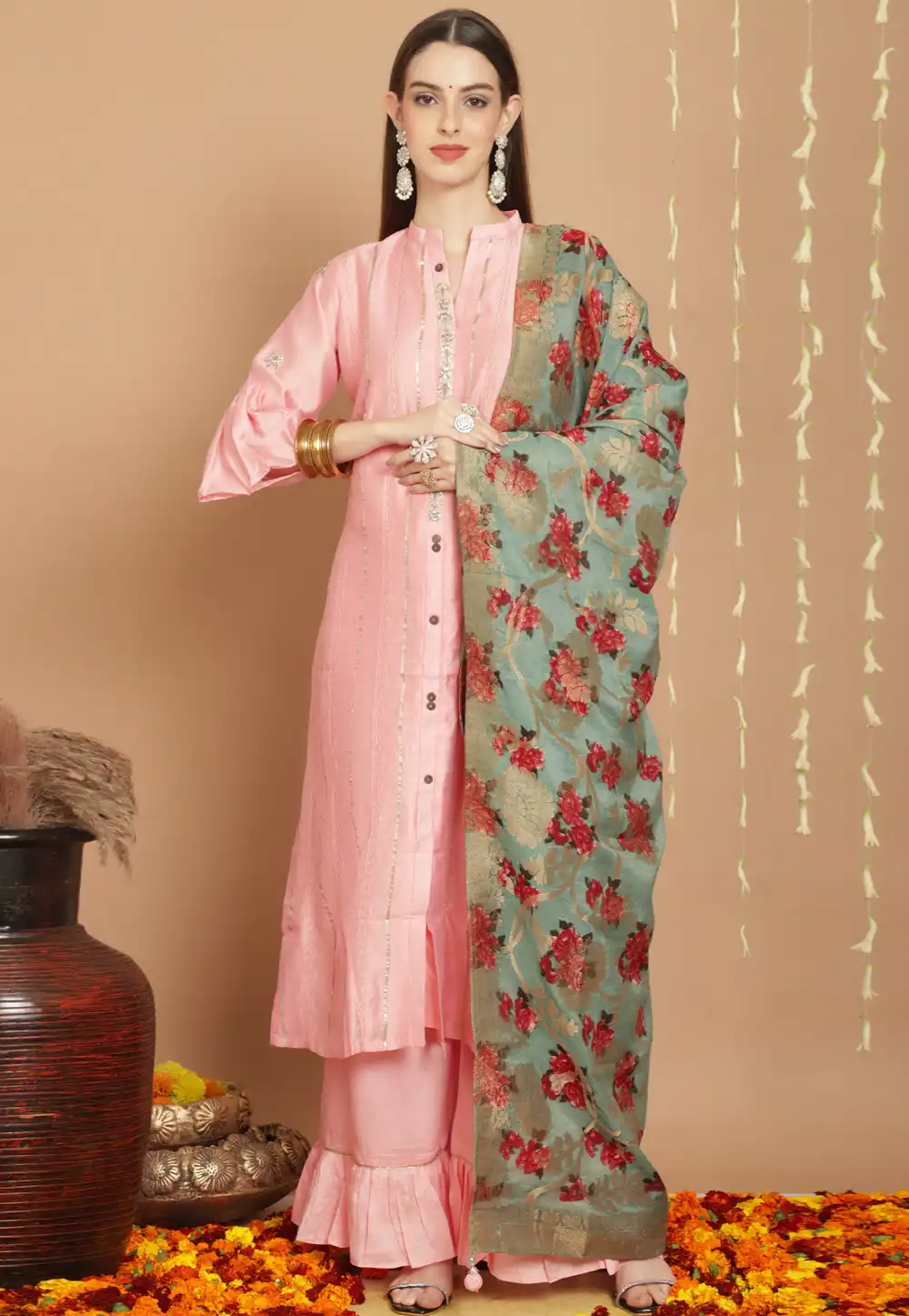 Pink Tussar Silk Palazzo Suit 287998