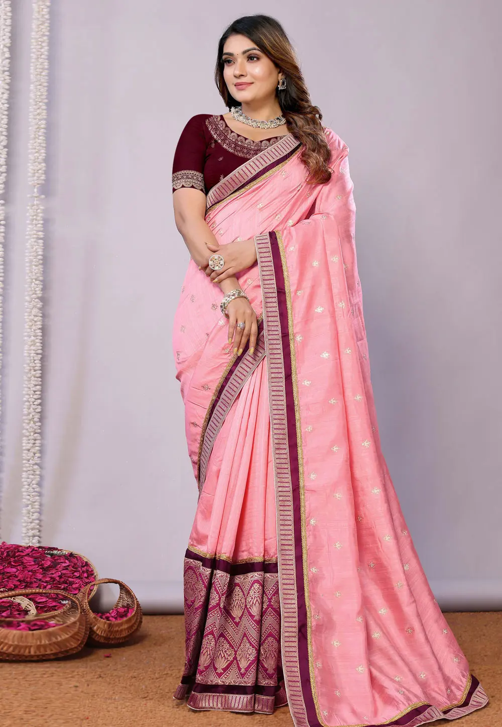 Pink Tussar Silk Saree With Blouse 299506