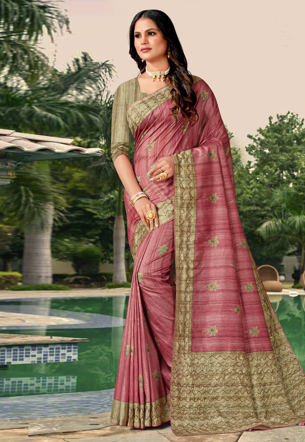 Pink Tussar Silk Saree With Blouse 278994