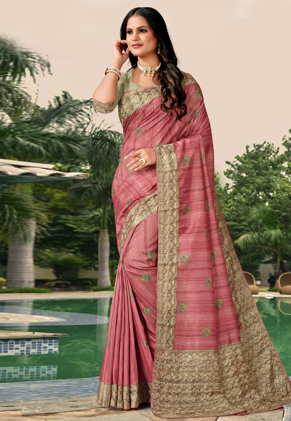 Pink Tussar Silk Saree With Blouse 279000
