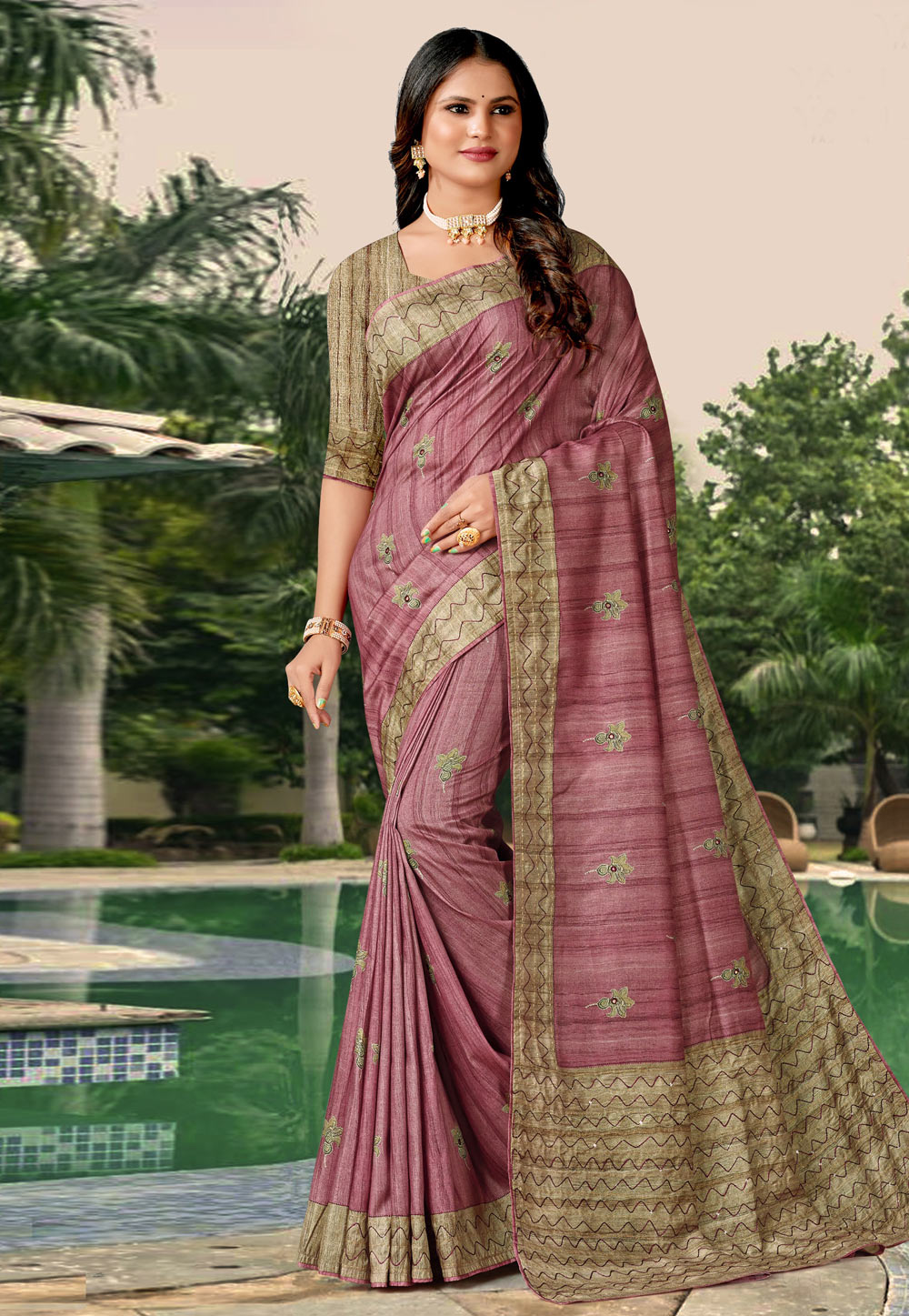 Pink Tussar Silk Saree With Blouse 279003