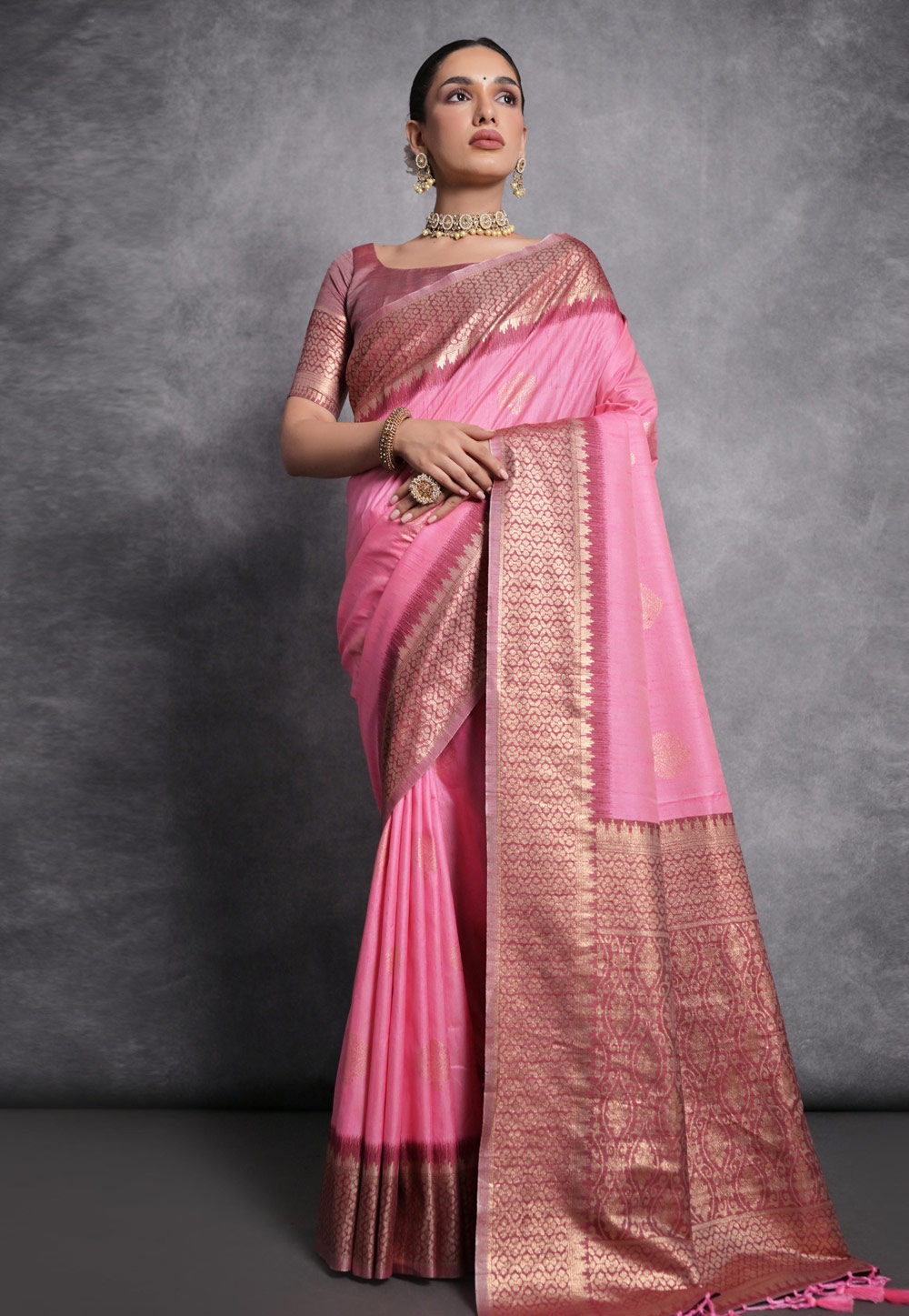 Pink Tussar Silk Saree With Blouse 281773