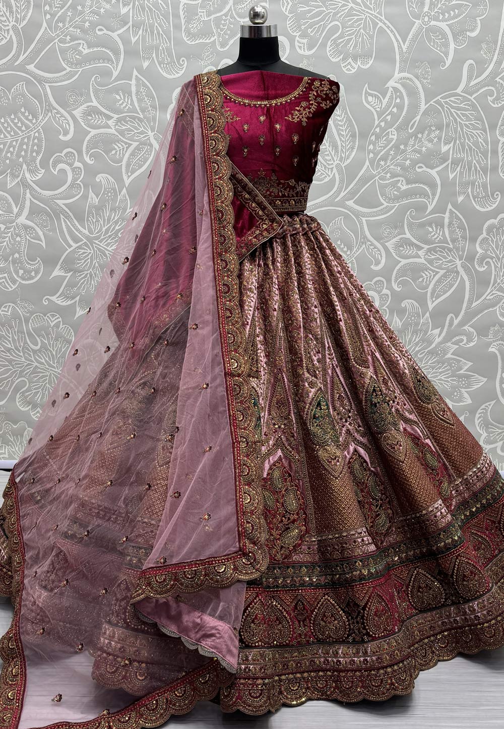 Pink Velvet Bridal Lehenga Choli 285530