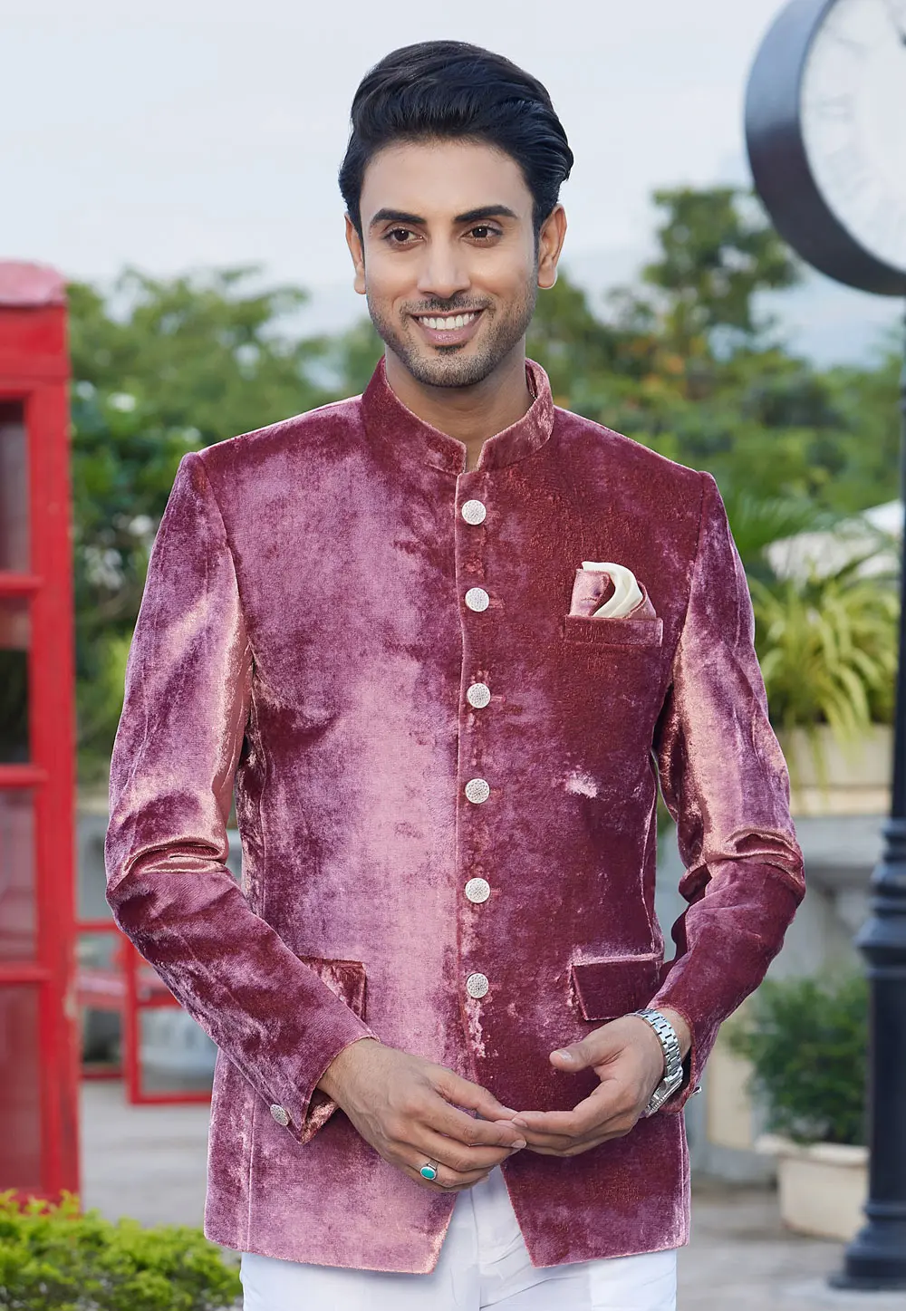 Pink Velvet Jodhpuri Suit 302199