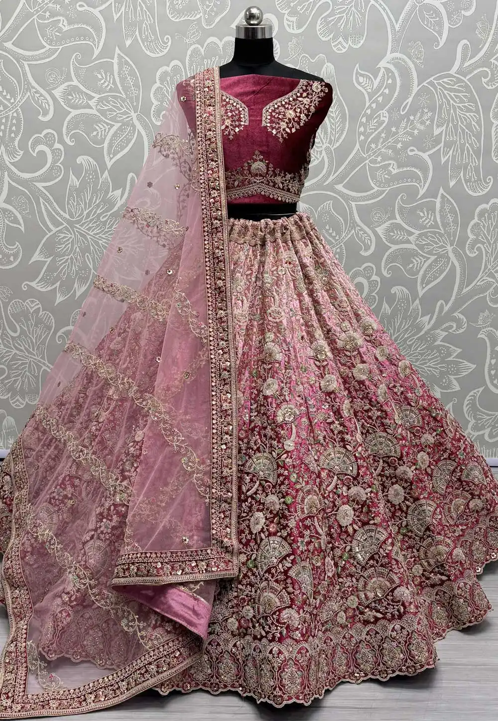 Pink Velvet Wedding Lehenga Choli 293716