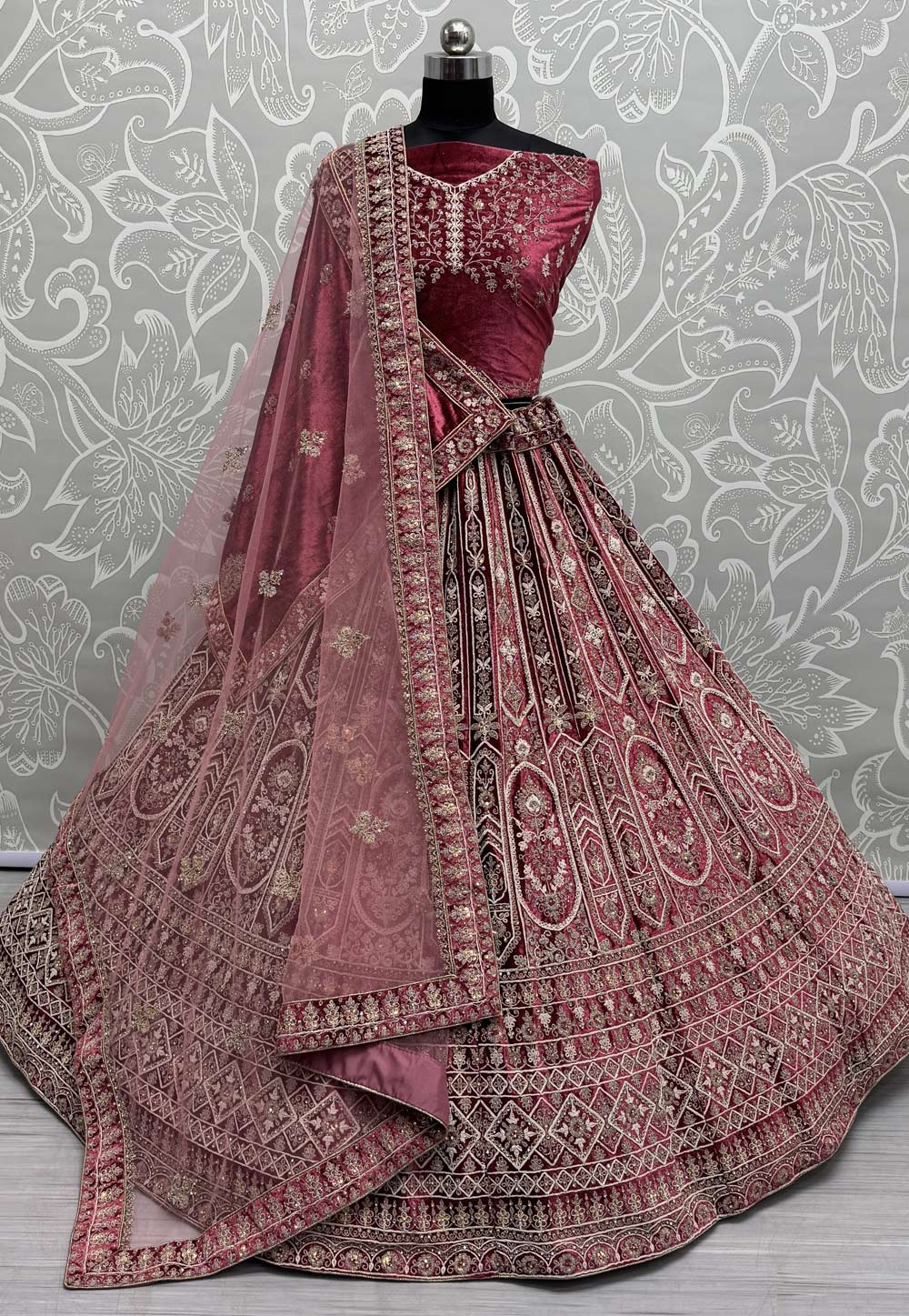 Pink Velvet Wedding Lehenga Choli 309680
