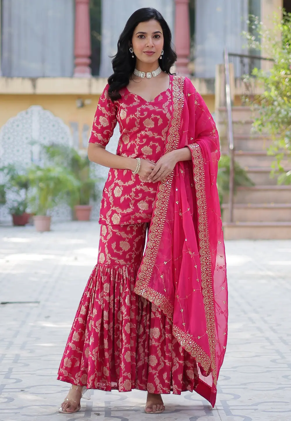 Pink Viscose Georgette Readymade Gharara Suit 303371