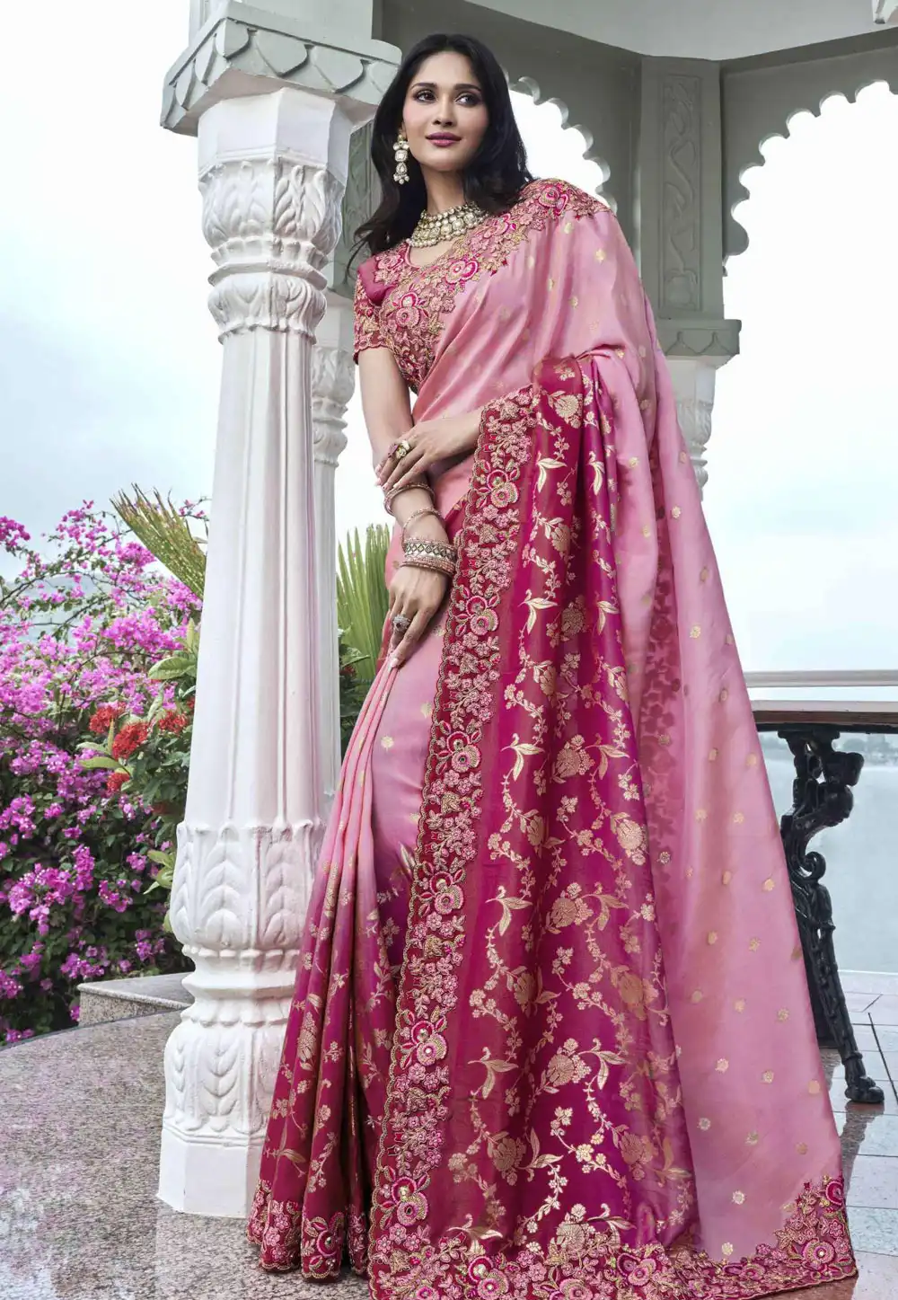 Pink Viscose Half N Half Saree 294821