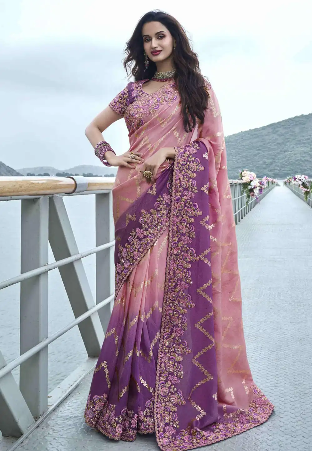 Pink Viscose Half N Half Saree 294826