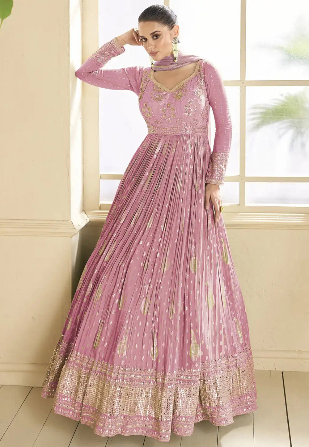 Pink Viscose Jacquard Long Anarkali Suit 288776