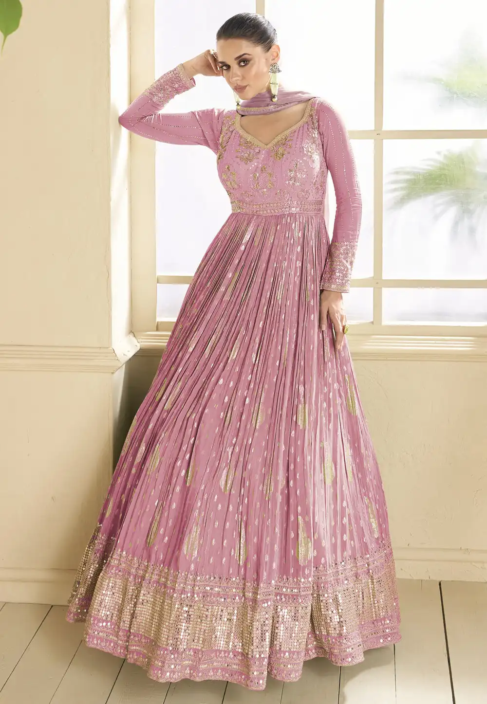 Pink Viscose Jacquard Long Anarkali Suit 288776