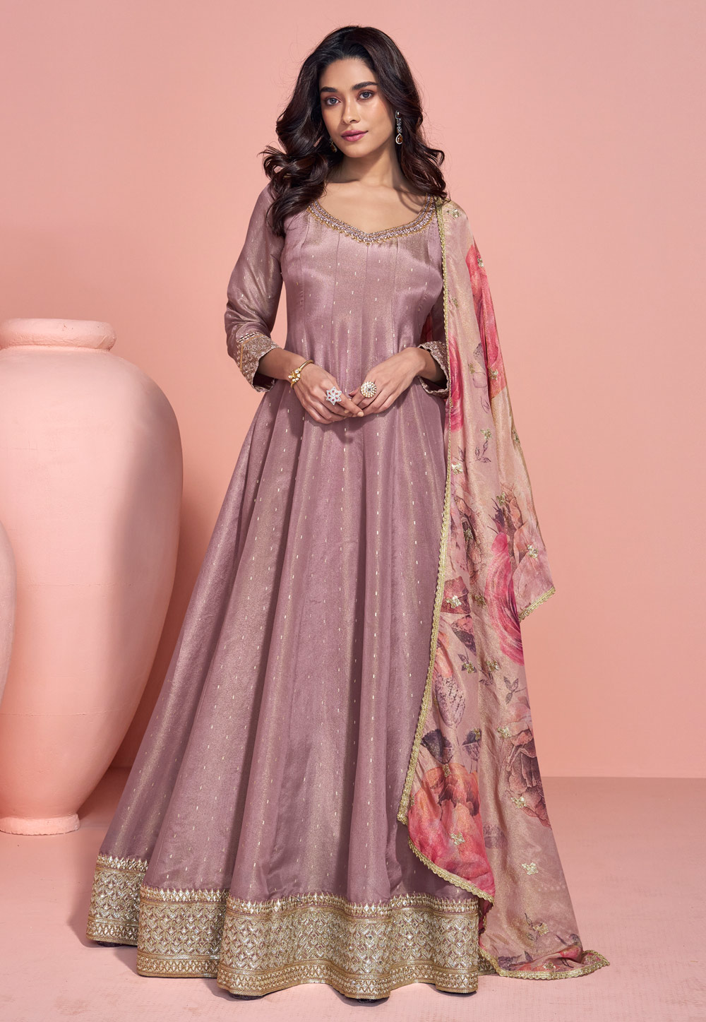 Pink Viscose Jacquard Long Anarkali Suit 306221