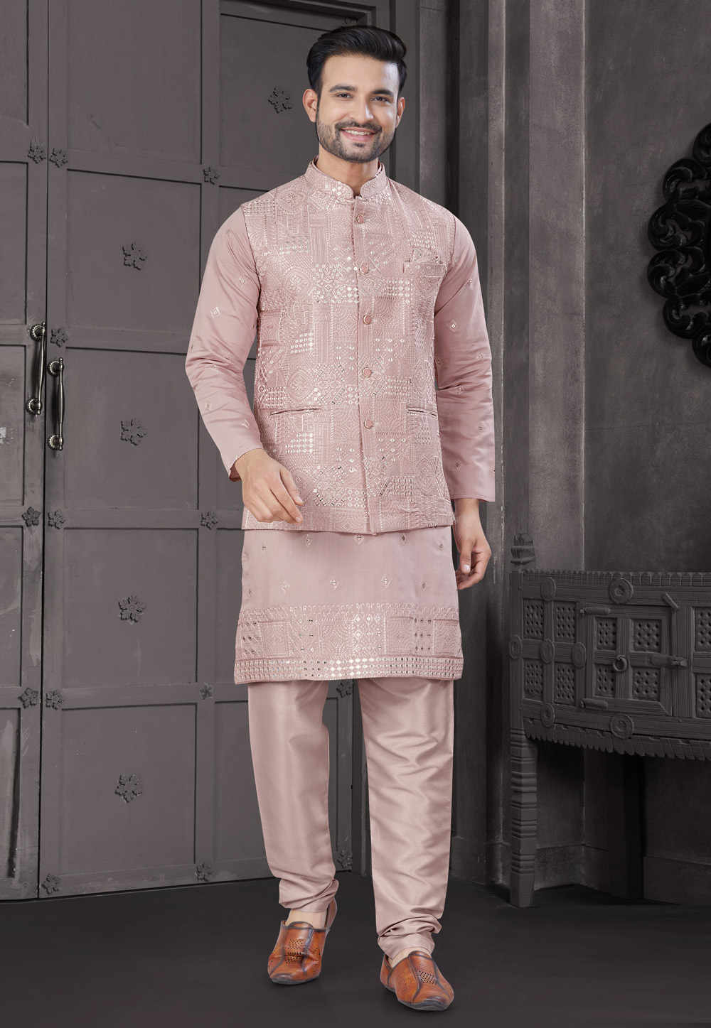 Pink Viscose Kurta Pajama With Jacket 304921