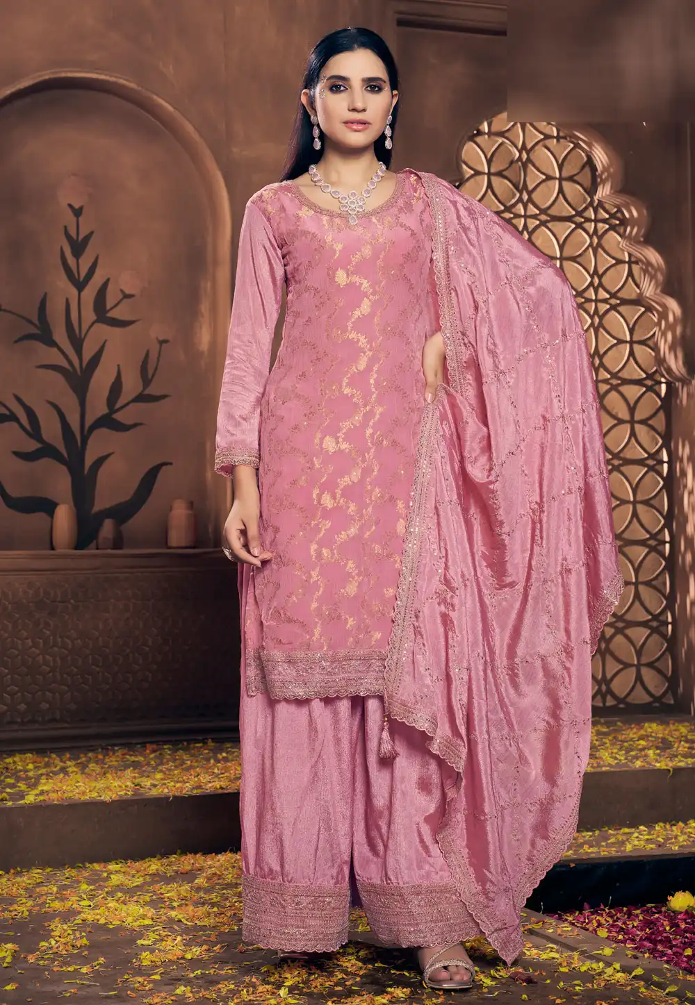 Pink Viscose Palazzo Suit 294095