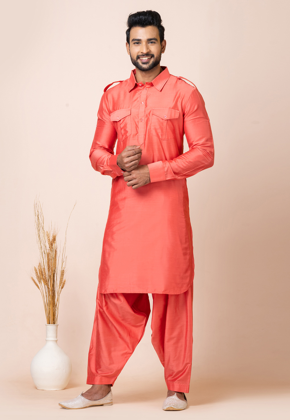 Pink Viscose Pathani Suit 286243