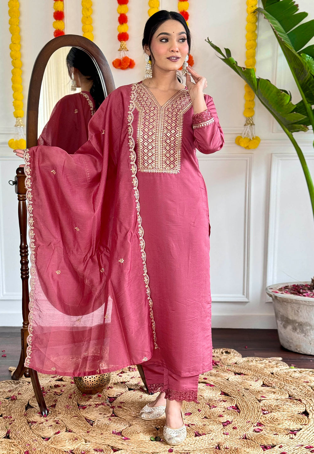 Pink Viscose Readymade Pant Style Suit 306157