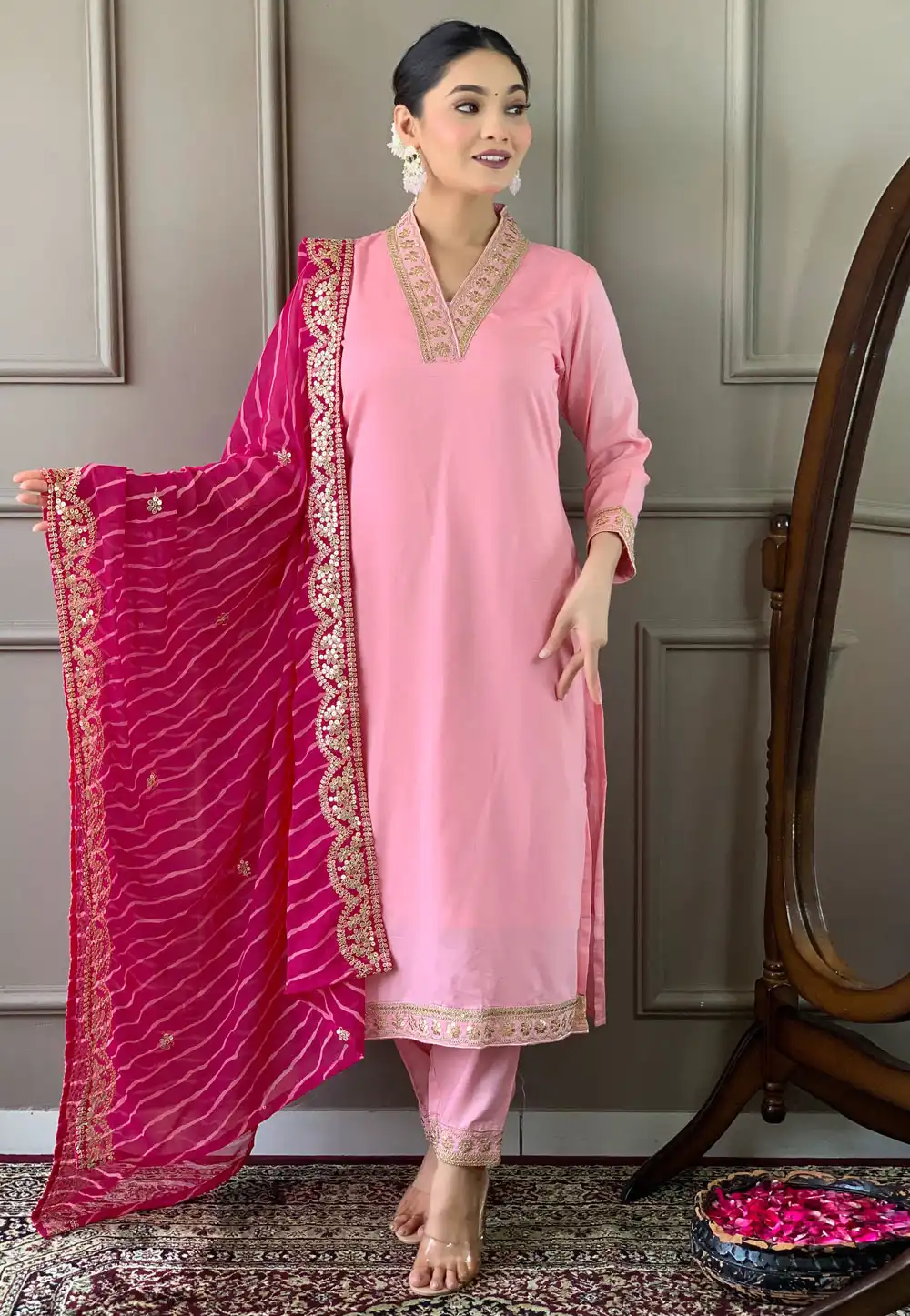 Pink Viscose Readymade Pant Style Suit 293222