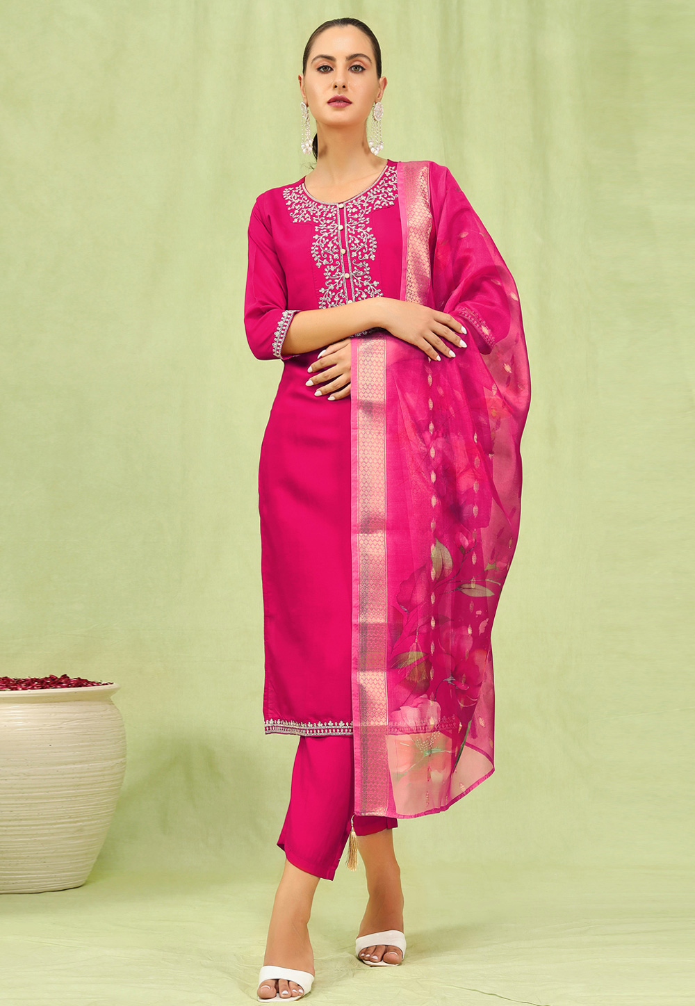 Pink Viscose Readymade Pant Style Suit 309147