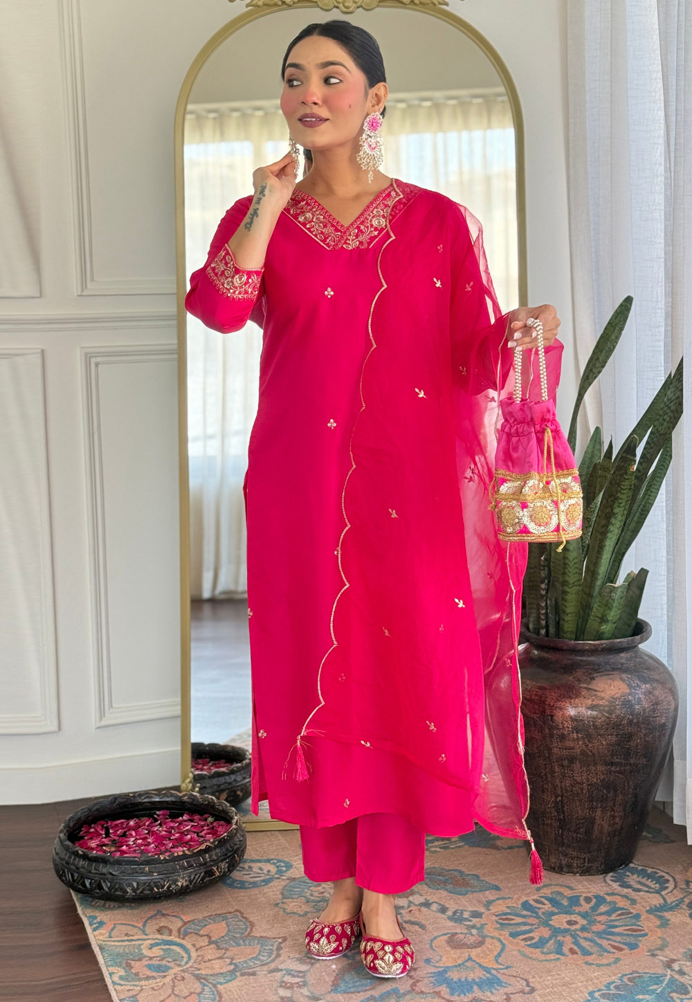Pink Viscose Readymade Pant Style Suit 309533